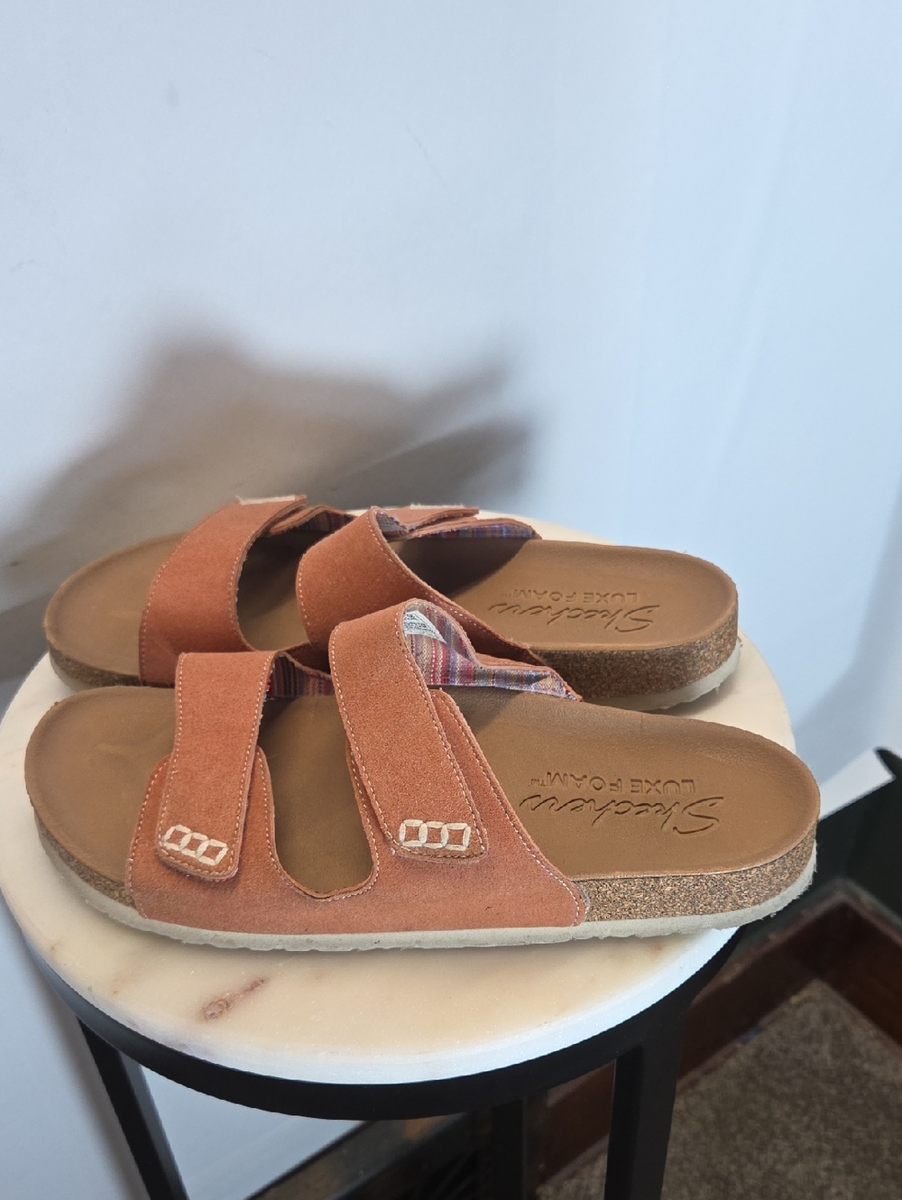 Skechers Women's Rust Faux Suede Double-Strap Cork Slide Sandals